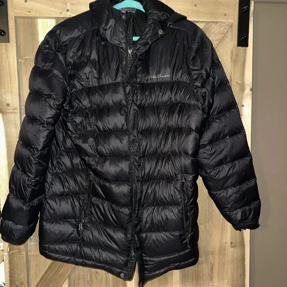 EDDIE BAUER Jacket Mens‎ Large Hooded Down Insulated Puffer Black