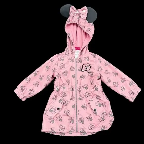 Minnie Mouse Hooded Windbreaker Jacket Pink Sz 2T Toddler Ears Bow Disney Junior