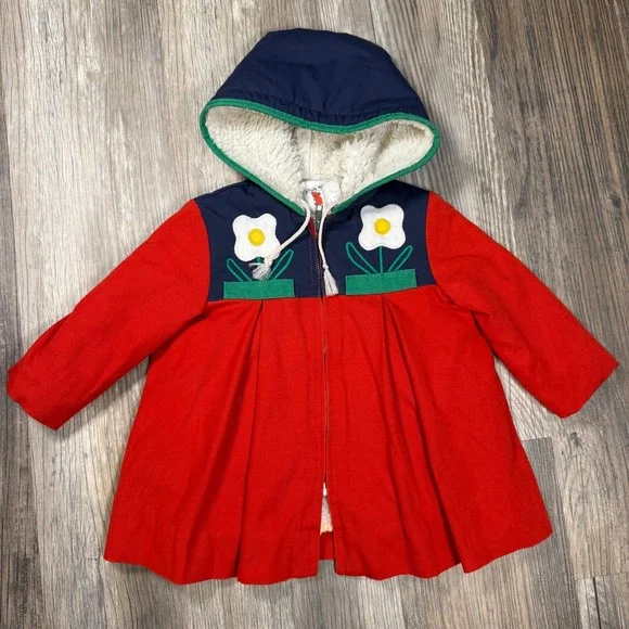 Vintage Koala Way Kids Red Navy Sherpa Lined Floral Applique Hooded Coat Size 3