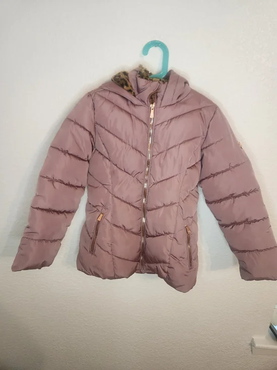 Girls Mauve Puffer Jacket with Faux Fur Trim
