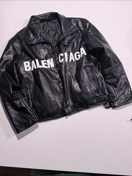 Rich Boy$ - Balenciaga Black Leather Bomber Jacket with White Logo
