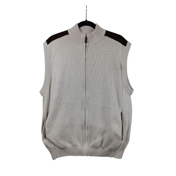 Chaps Mens Zip Neck Sweater Vest Beige Ribbed Knit Cotton‎ Size XL TG EG