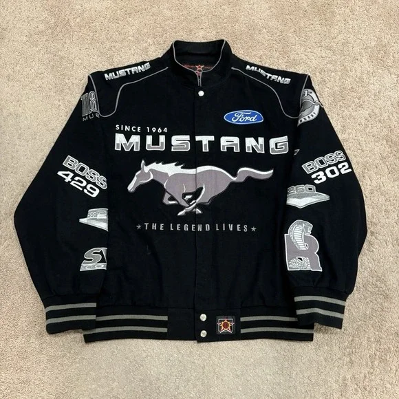 JH Design Ford Mustang Racing Jacket Men's XL Black Cotton SVTCobra Boss302