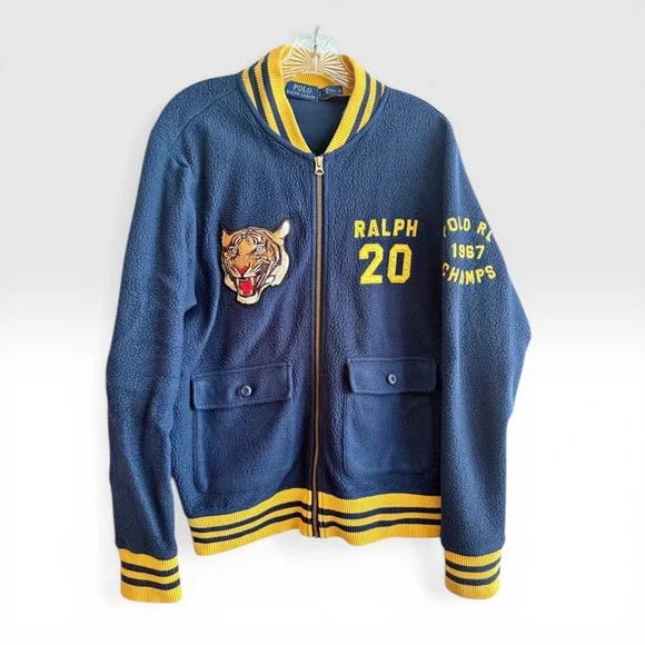 Polo‎ Ralph Lauren Varsity Jacket Men Small Navy Blue Tiger Patch Sherpa Fleece