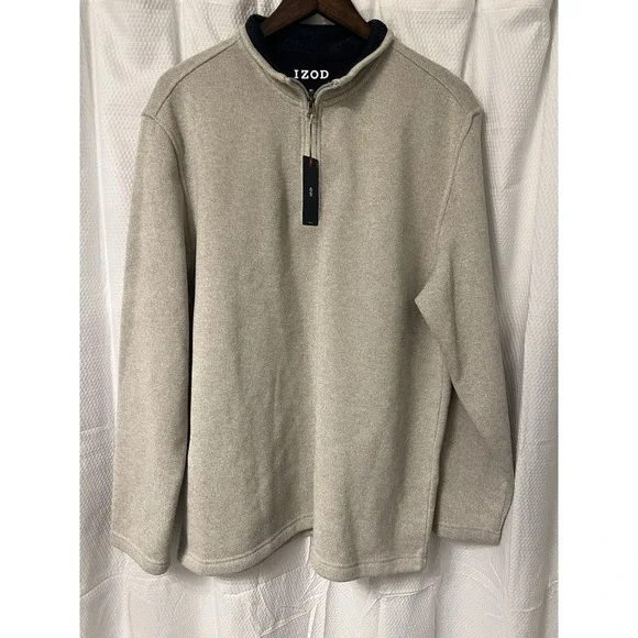 NWT Men's IZOD 1/4 Zip Pullover Jacket‎ Chest Pocket Beige XL Rock Heather