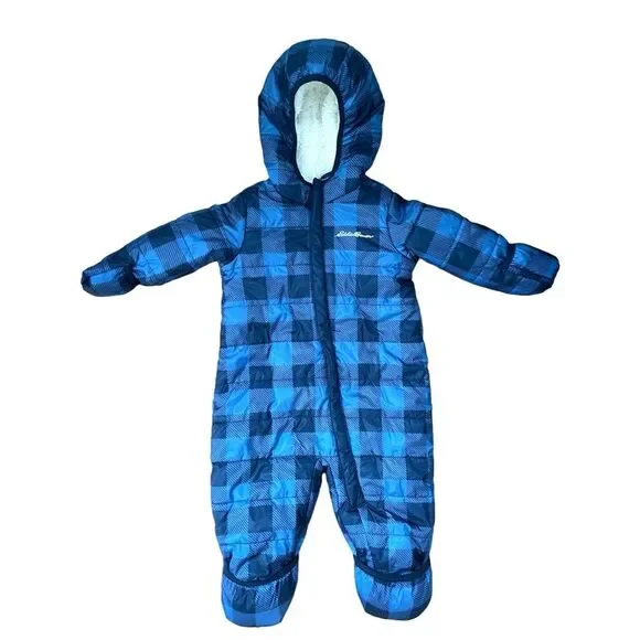 Eddie Bauer Snowsuit Baby 12 Month Navy Blue Plaid Cream Sherpa Down Hooded Suit