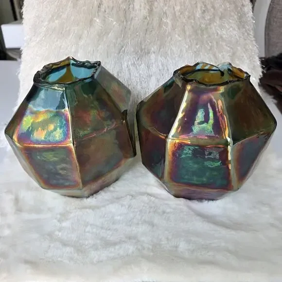 Unique Iridescent Carnival Glass Like Decorative Vase or Candle Set