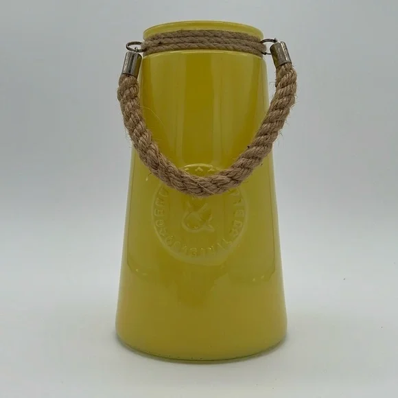 “Genuine & Crafted Original” Yellow Glass Jar/Vase with Rope Handle