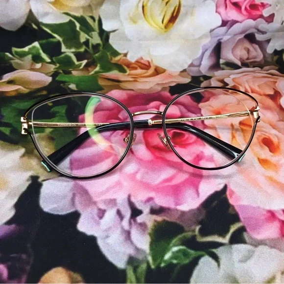 Tiffany & Co Gold & Black polished cat eye Crystal encrusted T frames glasses