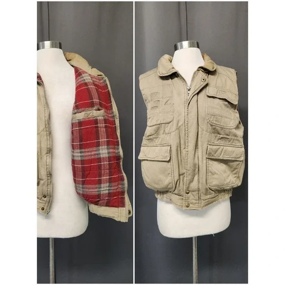 Vintage Willow Bay Vest Tan Utility Flannel Lined‎ Multi-Pocket Workwear Medium