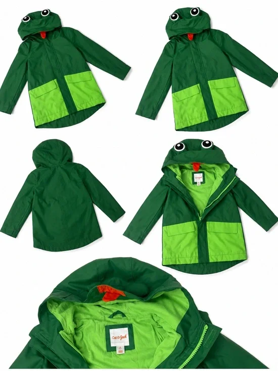 Cat & Jack Green Frog Hooded Rain Jacket with Lime Pockets