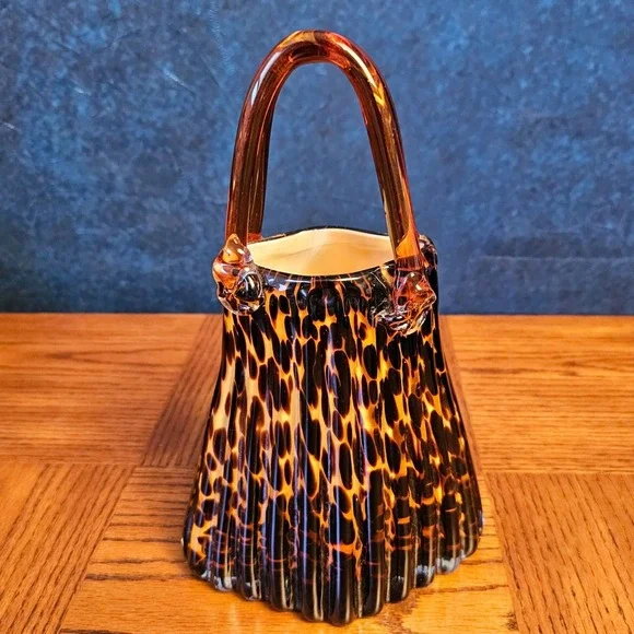 Vintage Art Glass Tortoiseshell Purse Vase Amber Brown Leopard Print Hand Blown
