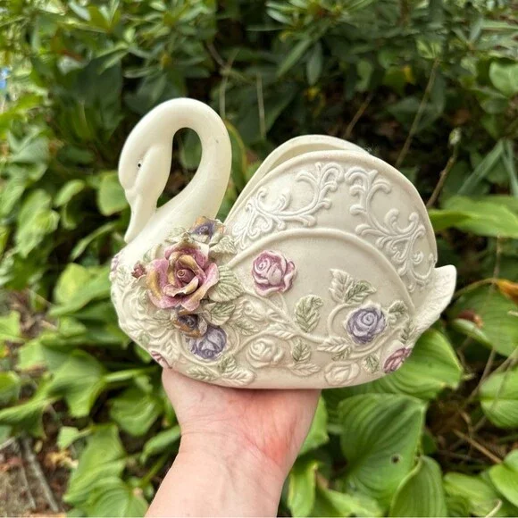 Vintage Ceramic Swan Duck Planter Pot Cottagecore