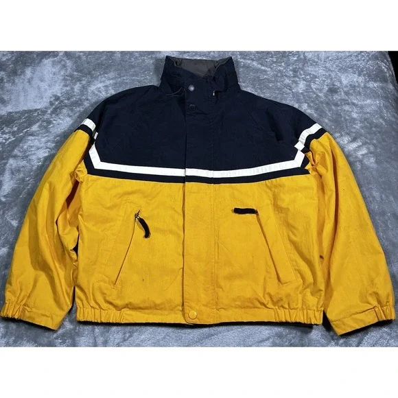 Nautica Jacket Men Size Medium Yellow Blue Reversible Windbreaker Hooded Zip VTG