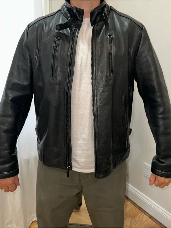 Men's Black Calvin Klein Leather Moto Jacket - Classic Biker Style