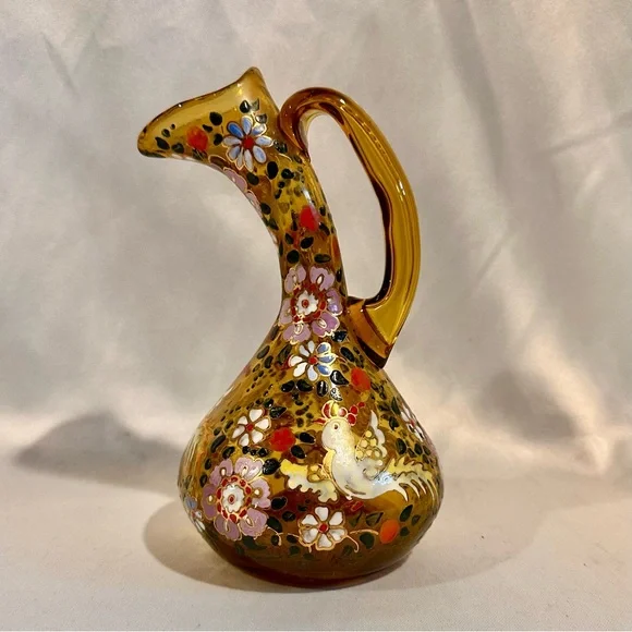 Vintage Hand-Painted Floral Enamelled Amber Hand Blown Glass Vase Pitcher Ewer