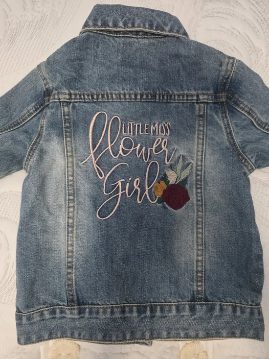 David's Bridal Denim Jacket with Pink Script & Floral Embroidery