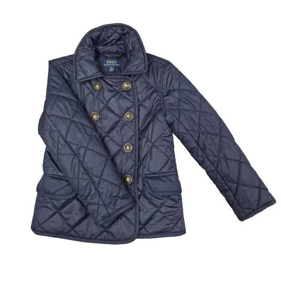 Polo Ralph Lauren Quilted Jacket Girls 5 Navy Blue Double Breasted Crest Button