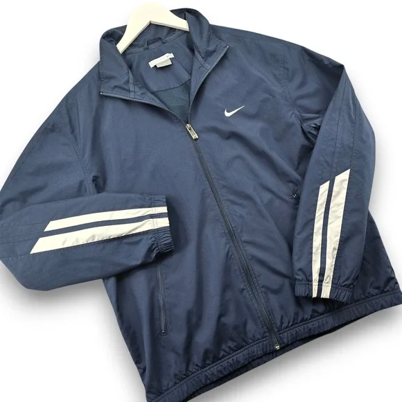 Nike Windbreaker Jacket Mens XL Navy Blue Full Zip Mesh Lined Vented 90s Vintage