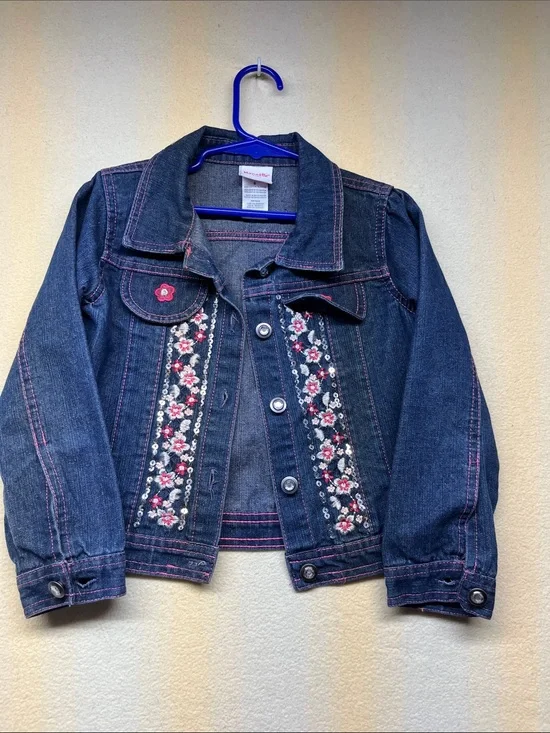 Girls Dark Blue Denim Jacket with Pink Floral Embroidery