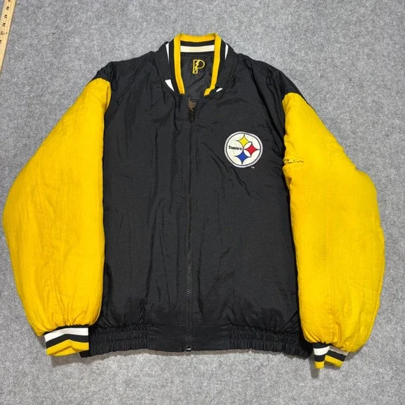 Vintage Pro Player Pittsburgh Steelers Jacket Mens Large Black Yellow Bomber NFL