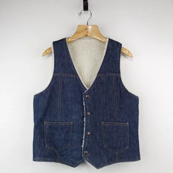 70's Vtg Dark Wash Denim Sherpa Lined Vest Men's Medium Western Snap Made USA