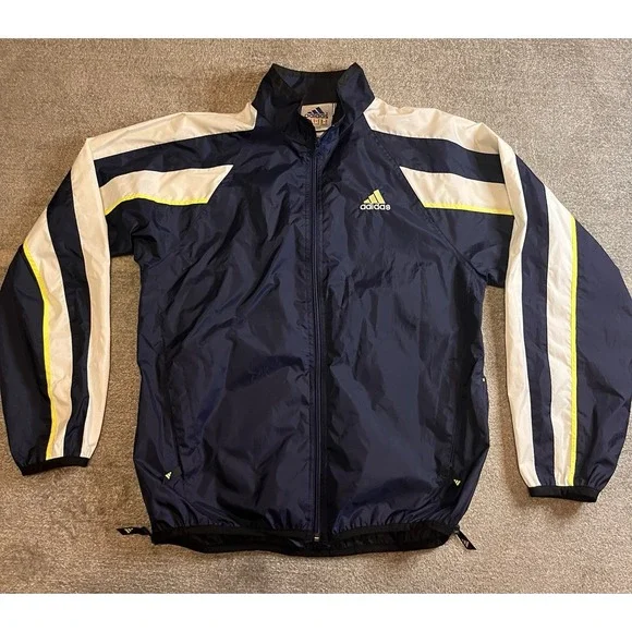Adidas, Full Zip, Windbreaker Jacket, Navy Blue w/yellow Logo Athletic EUC A2-20