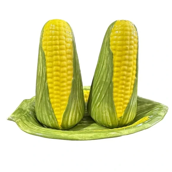Vintage Yellow Corn on the Cob‎ Salt & Pepper Shaker Set with Plate 1978
