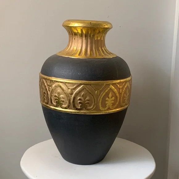 Dark brown gold leaf large ceramic decorative‎ vase home decor shelf vintage art