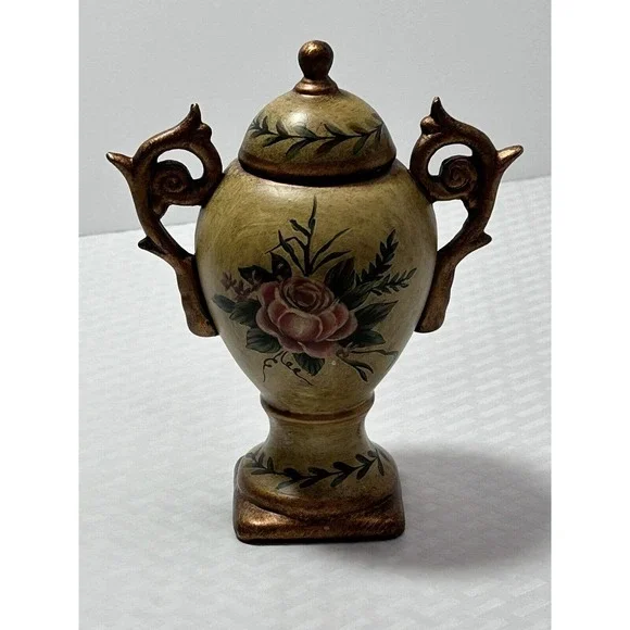 Floral Art Handpainted Ceramic Gold Urn Handle Pedestal Vase‎ W/ Lid