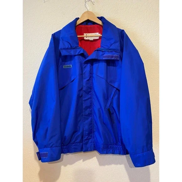 Vintage 90s Columbia Windbreaker Full Zip Size L Radial Sleeve Blue Red Lining