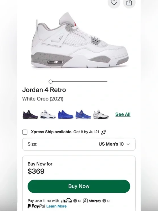 Jordan 4 Retro Mens White Oreo Shoes 10