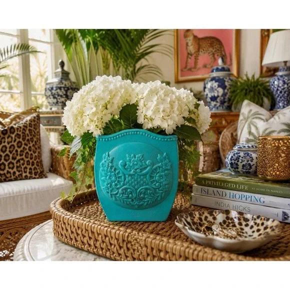 Turquoise Floral Basket Planter Cachepot Vase Cottage Decor 8