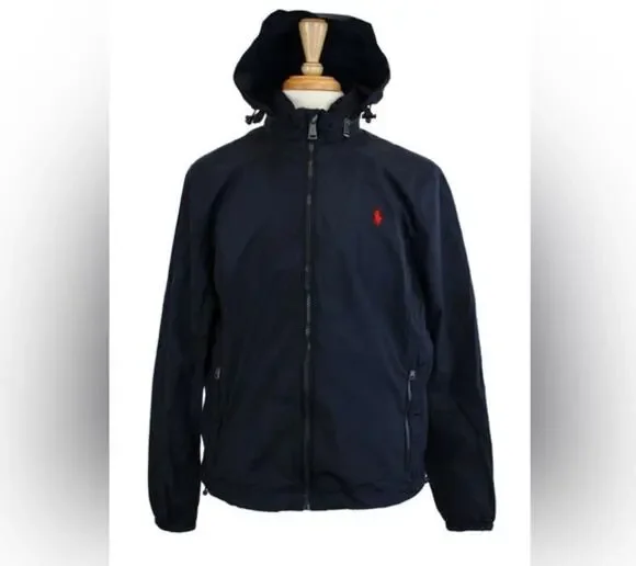 Ralph Lauren Polo Signature Logo Navy Blue Hooded  Windbreaker Jacket Sz.14/16