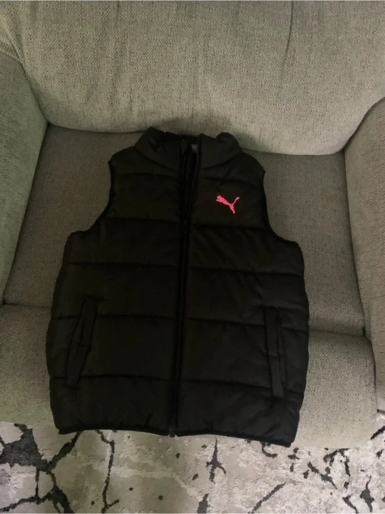 Puma Black Puffer Vest with Pink Logo - Kids