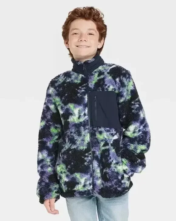 Art Class Sherpa Fleece Jacket Boys XS 4/5 Purple Blue Green Full Zip Pocket New
