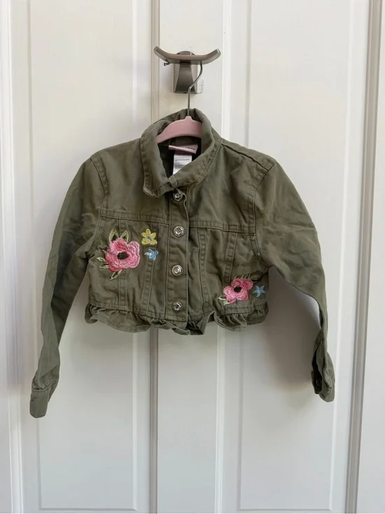 Little Lass Girls 5 Olive Green Embroidered Crop Jean Jacket with Flowers