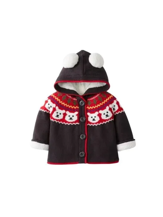 Hanna Andersson Sherpa Sweater Nordic Fair Isle Polar Bear Hoodie gray& red 2T