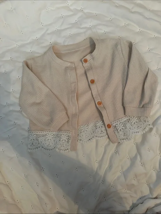 Toddler Lace-Hem Knit Cardigan in Light Beige