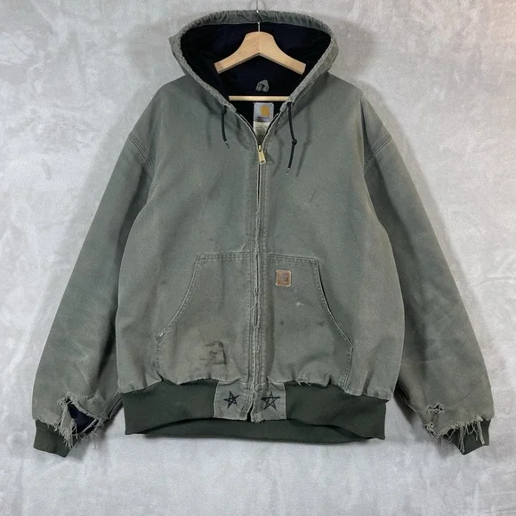 Vtg Carhartt Hooded Active Jacket Mens 2XL J208 MOS Green Distressed Sun Faded
