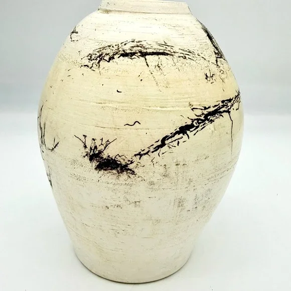 Jack Adelman Studio Pottery Horsehair Raku Vase Abstract‎ Cream Black 7.25