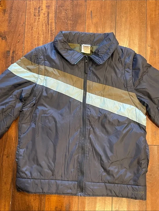 Billabong Kids Navy Blue Puffer Jacket/Vest with Light Blue and Olive Stripes