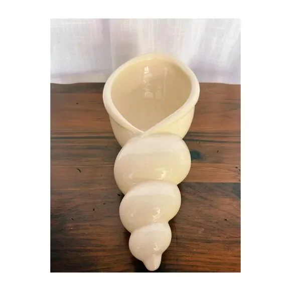Vintage Mid Century Ceramic Conch Shell Vase Cream White Glossy Art Pottery
