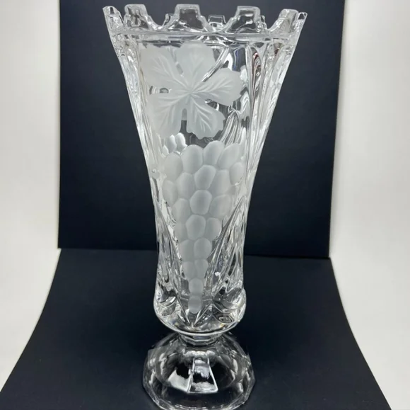 Vintage Cut Crystal Vase Etched with Grapes And Leaves Has Sawtooth Edge