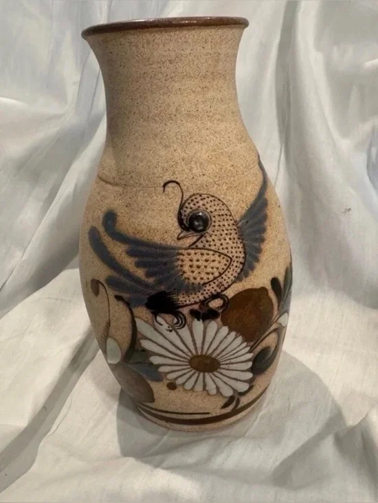 Tonala Handmade Pottery Mexican Blue Bird/Floral Flower Vase Signed.  Almost 9”
