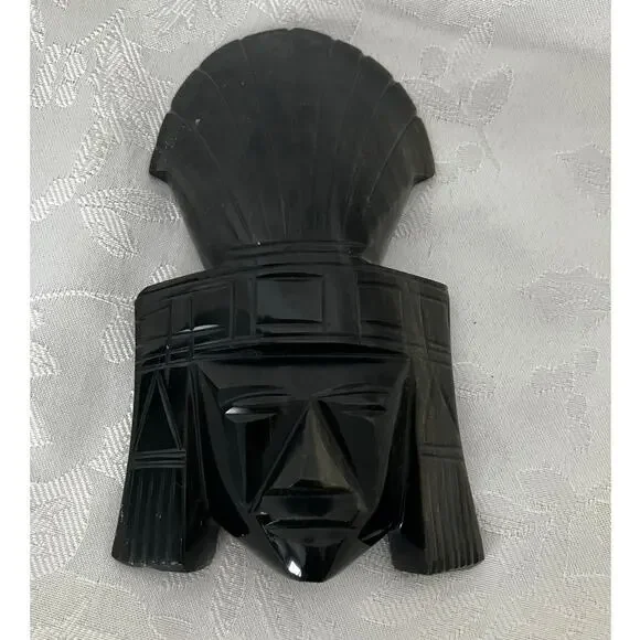 Hand Carved Obsidian Warrior Head Paperweight Mexico Aztec Mayan Style Statue