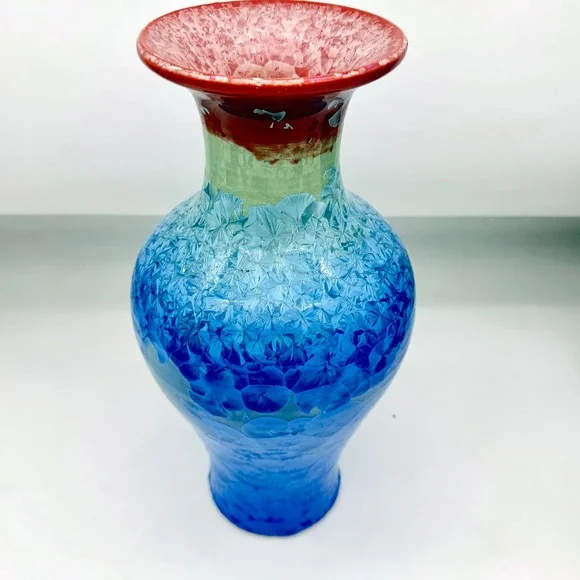 Jingdezhen Home Vase 12in Ceramic Crystalline Glaze Blue Red Flared