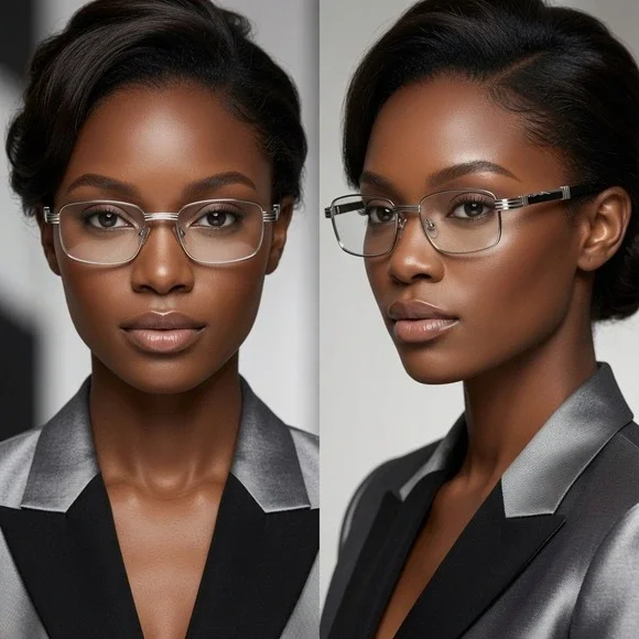 Women Silver Square Eyeglasses Black Arms Clear Lens Retro Professional Frames