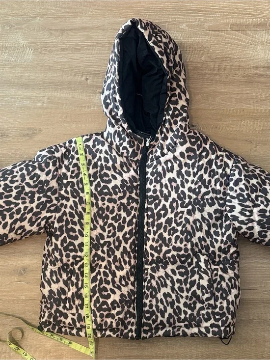 Girls' Pink and Black Leopard Print Hooded Puffer Jacket NWOT