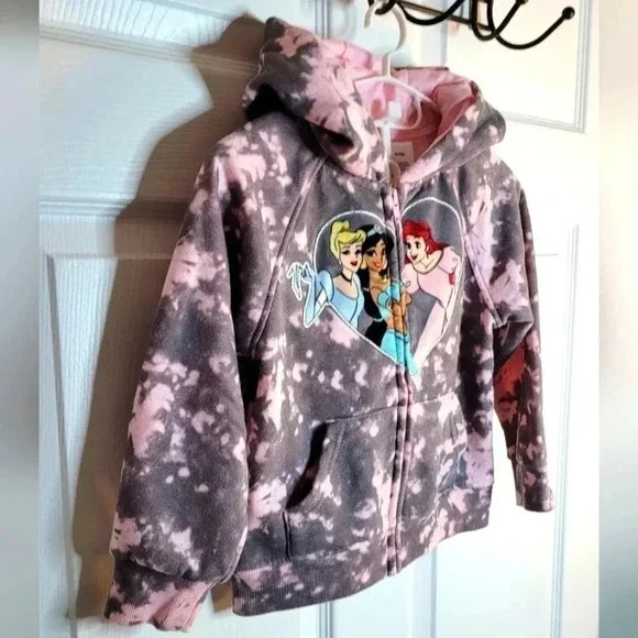 Disney Princess Girls Grey Pink Tie Dye Full Zip Hoodie Sweatshirt Size 4T